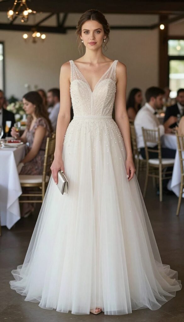 Woman in beaded bodice A-line wedding dress with full tulle skirt, crystal earrings, and clutch in reception hall