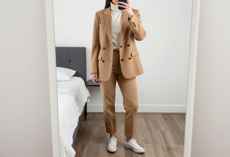 Woman in camel blazer and white Converse taking a mirror selfie in bedroom