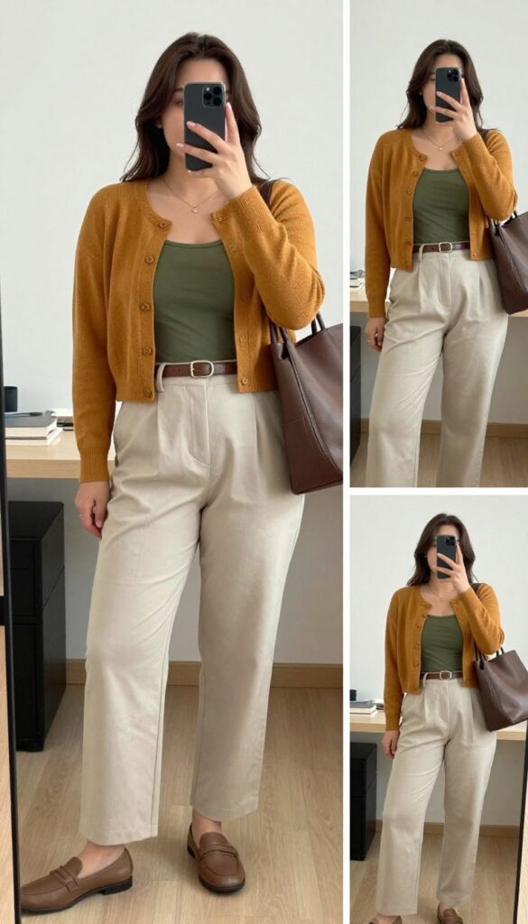 Woman in cropped cardigan and high-waisted pants, mirror selfie, phone partially covering face.