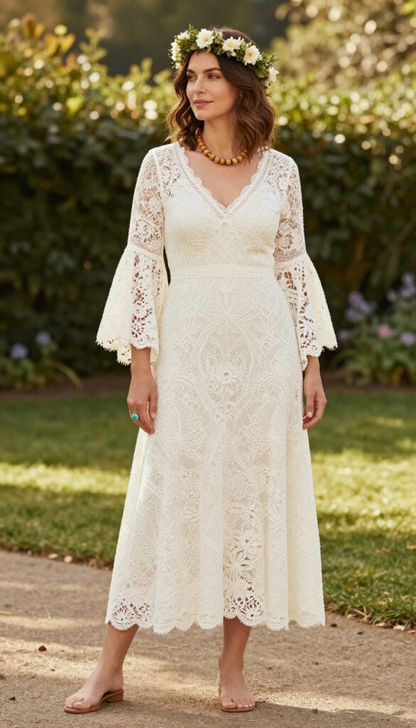 Bride in crochet lace bell sleeve gown standing in sunlit garden with wildflowers, flower crown, barefoot sandals, natural boho look.