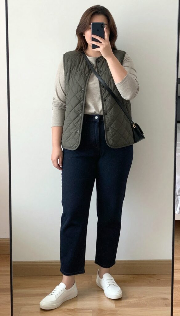 Woman in quilted vest over long-sleeve tee with trousers and loafers, layered smart-casual outfit