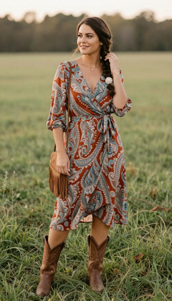 Woman in paisley wrap dress with pearl brooch and cowboy boots at rustic wedding
