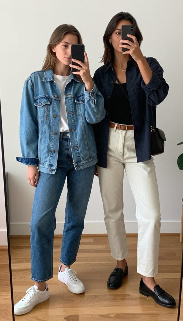 A couple in denim-on-denim outfits taking a mirror selfie. One wears a light denim jacket with dark jeans, the other a dark denim shirt with light jeans. Casual, bright indoor setting.
