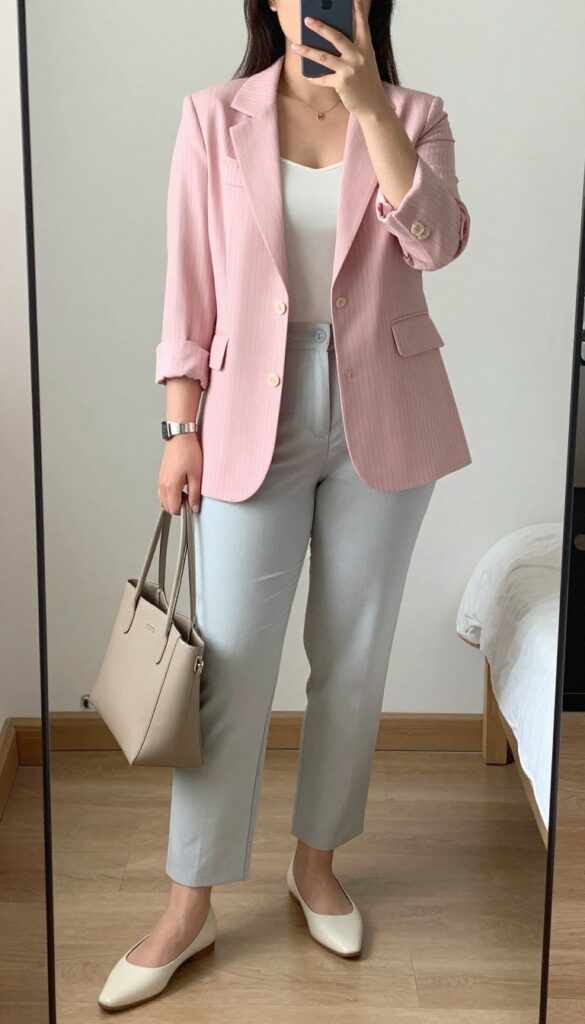 Pink pinstripe blazer with gray trousers and white camisole