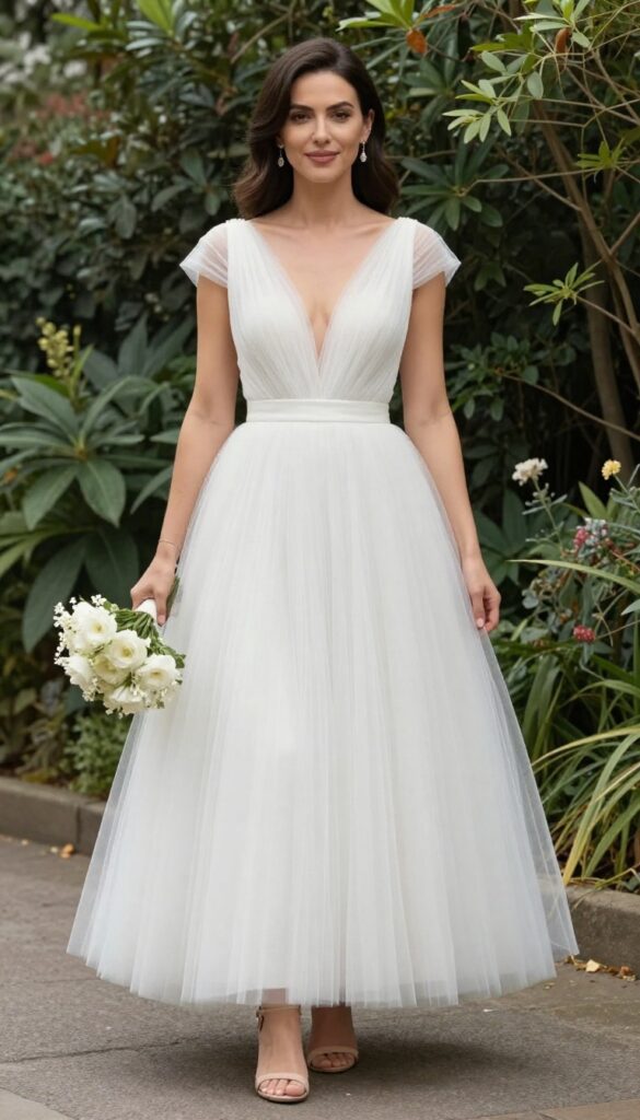 Young woman with fair skin and blonde hair wearing a white tulle dress with cap sleeves and deep V-neckline in a sunlit garden, holding a small bouquet.