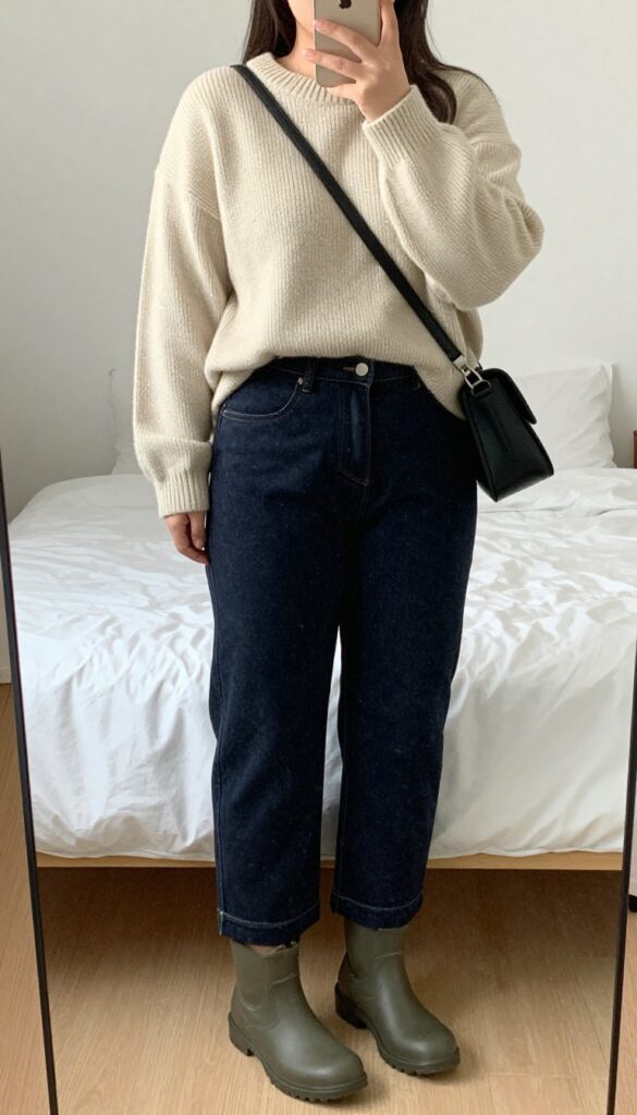 Woman in cropped jeans, chunky sweater, and rain boots, mirror selfie, partially covering face with phone.