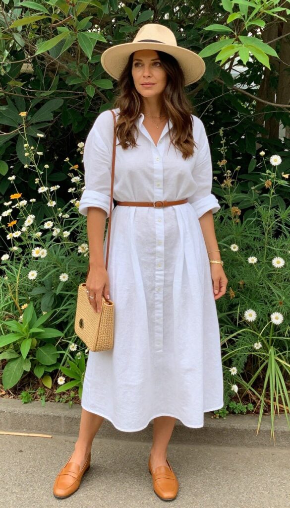 Pregnant woman in white linen shirt dress with belted waist, tan loafers, and woven bag in sunny garden.