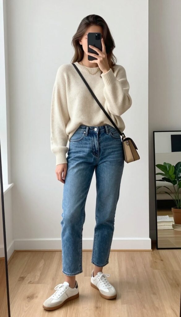 Woman taking a mirror selfie wearing a cropped cream sweater and high-waisted straight-leg jeans, with white sneakers, in a bright room with natural light.