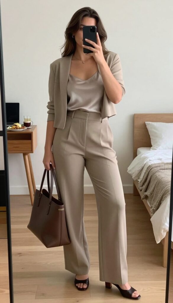 Woman in wide-leg trousers and silk camisole, mirror selfie, phone partially covering face, bedroom background.