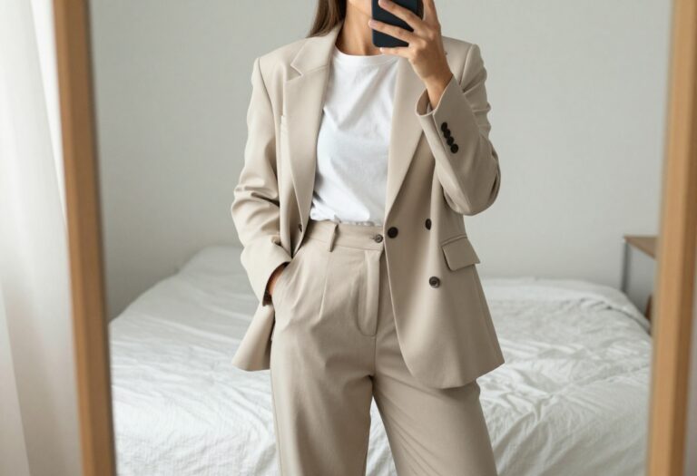Woman in masc business casual outfit taking a mirror selfie in bedroom, wearing blazer and trousers