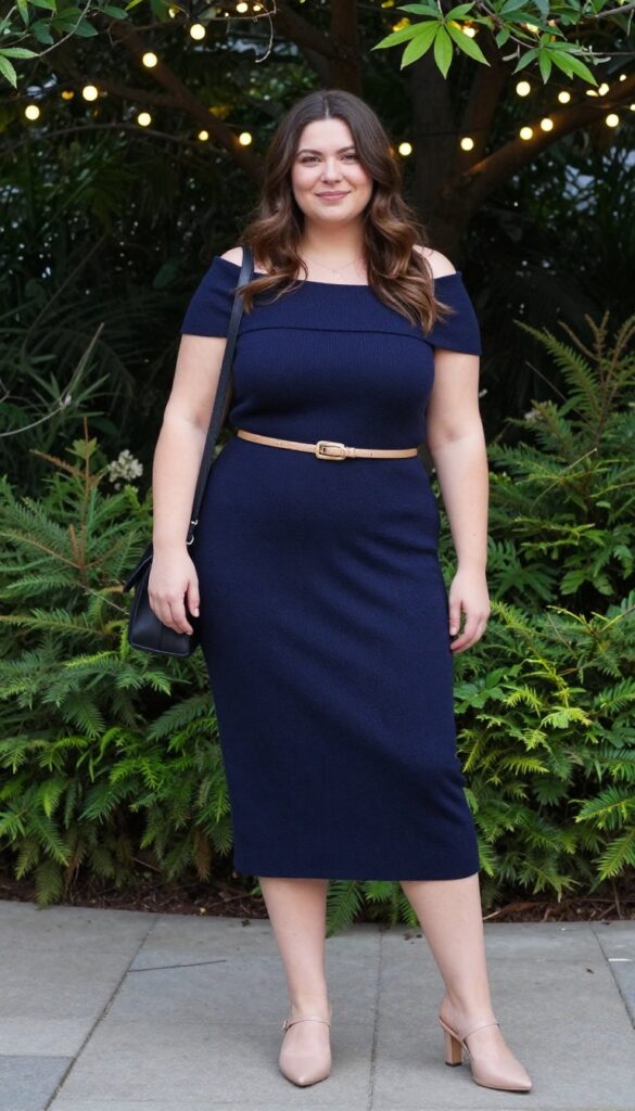 Plus-size woman in navy off-the-shoulder midi dress with gold belt, nude mules, and black bag in evening garden