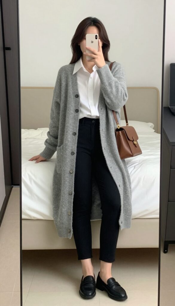 Woman in longline cardigan, button-down shirt, and cigarette pants, standing in an airport lounge, looking polished and relaxed.