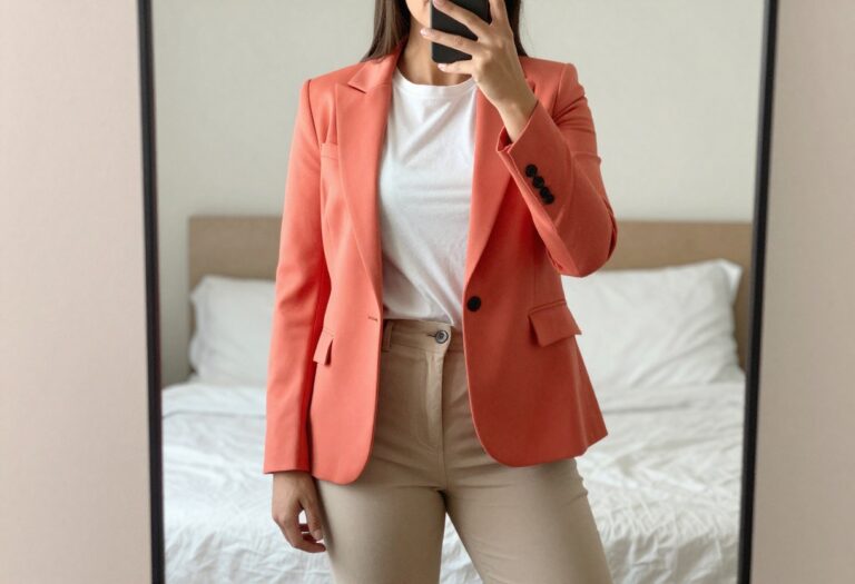Young woman in coral blazer and white tee taking a mirror selfie in bedroom, business casual outfit