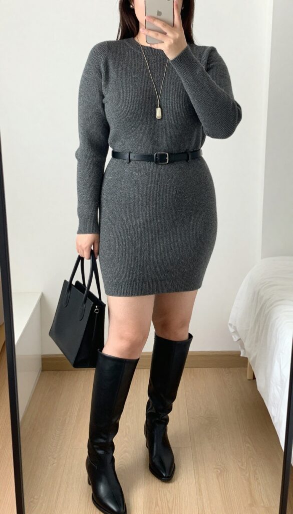 Woman in charcoal ribbed sweater dress with belt and knee-high boots, holding a tote bag, standing in a modern office hallway.