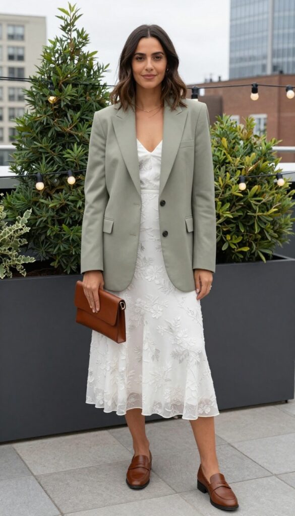 Woman in floral wedding dress with tailored sage green blazer and brown leather loafers on a rooftop venue