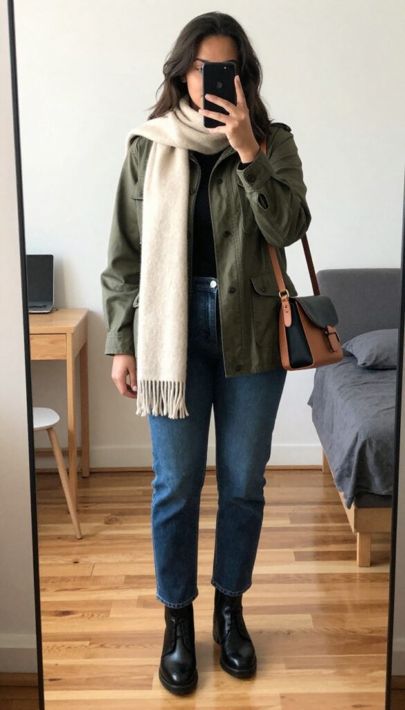 A woman in an olive utility jacket, black turtleneck, and straight-leg jeans, standing in a mirror selfie pose, phone partially covering her face, in a bedroom setting.