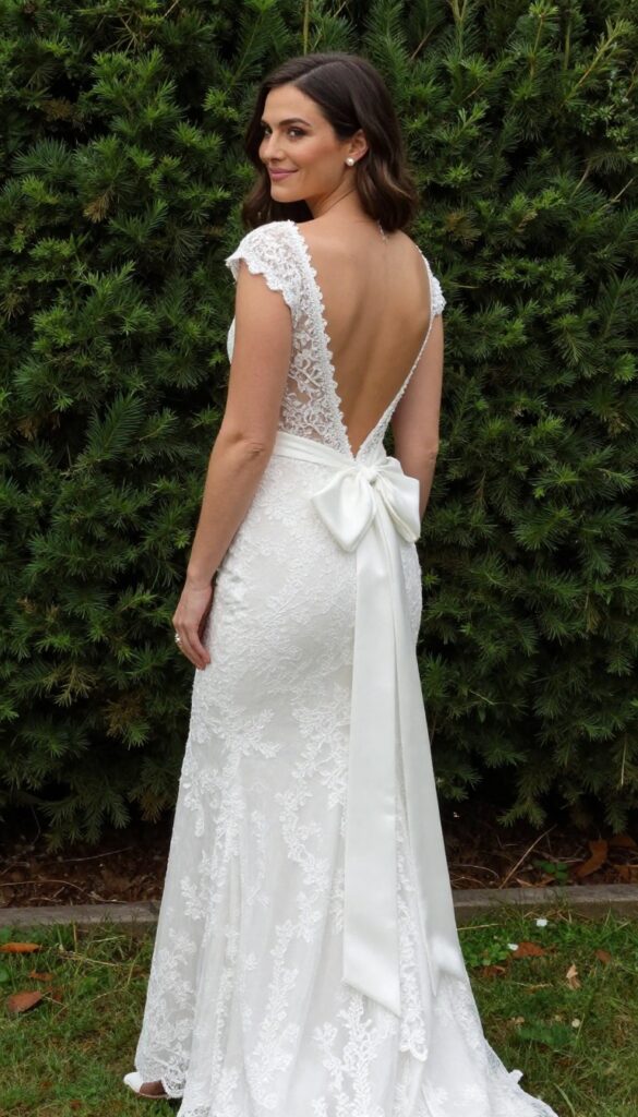 Bride in lace fit-and-flare dress with sheer bow back in garden