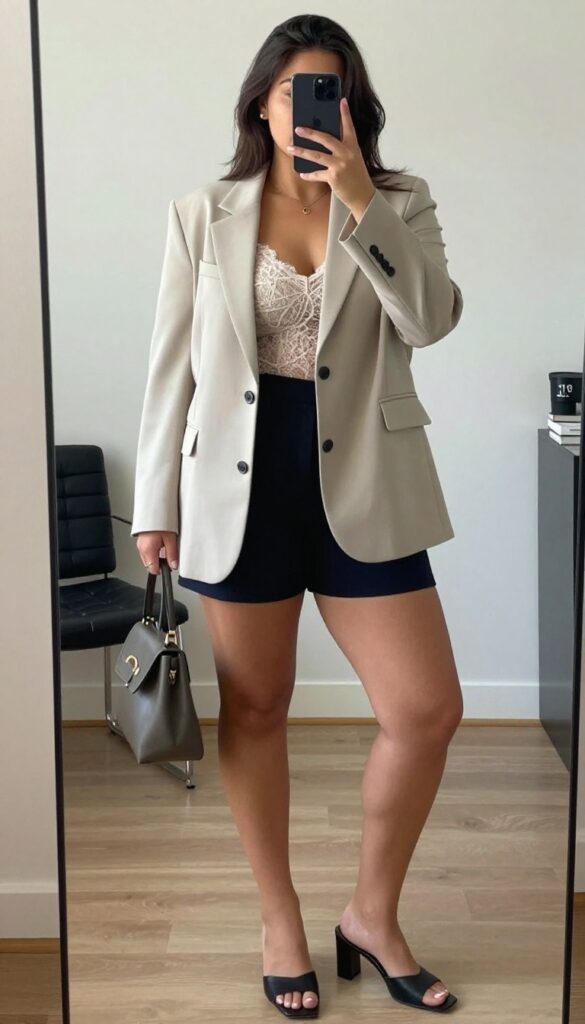 Woman in dark tailored shorts and oversized long blazer over lace camisole, posing in a mirror selfie, partially covering face with phone.
