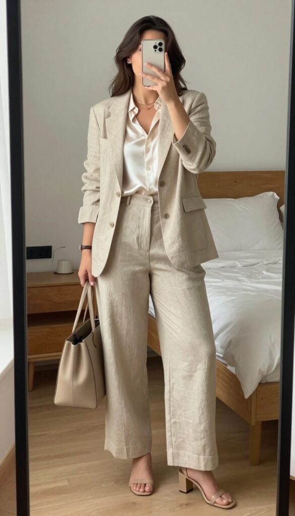 Woman in beige linen blazer and matching wide-leg trousers with nude sandals and tote, taking a mirror selfie.