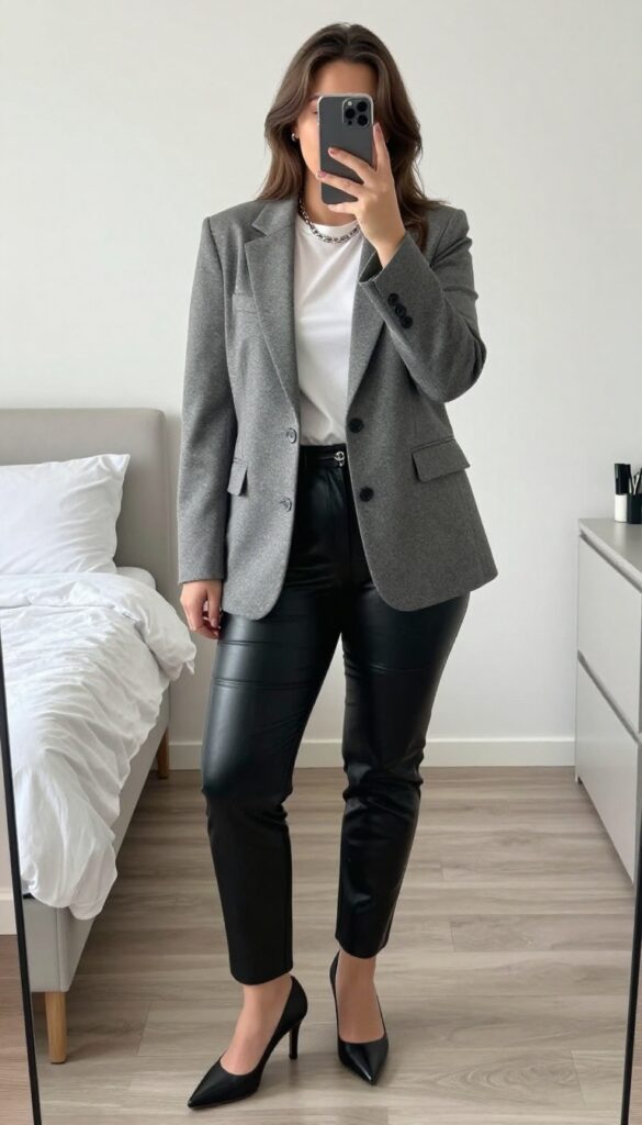 A petite woman in a gray blazer, white tee, and black leather pants, posing in a mirror selfie, phone partially covering her face, bedroom background.
