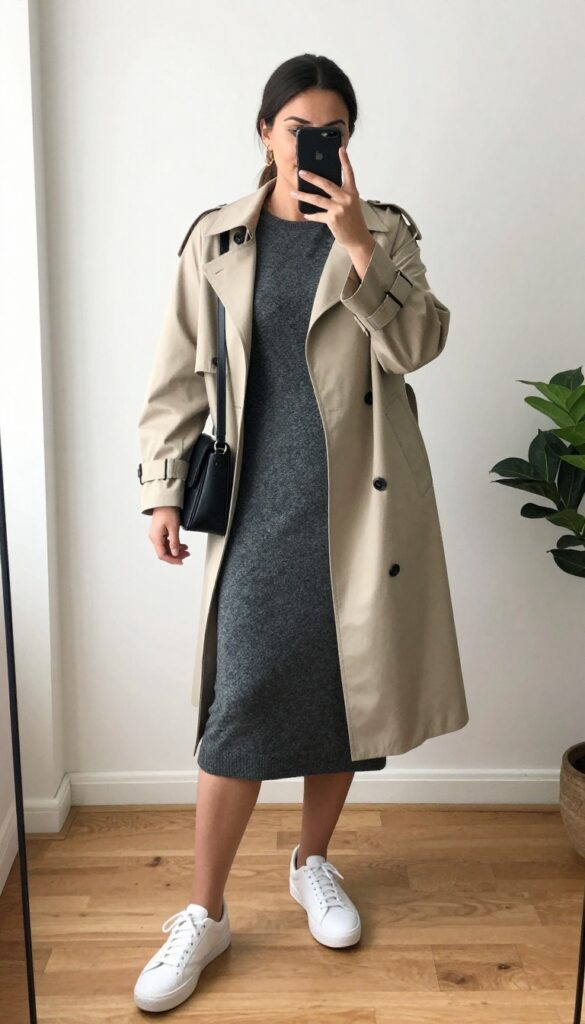Plus-size woman in a gray knit midi dress and white sneakers taking a mirror selfie, with a crossbody bag and trench coat, in a bright room.