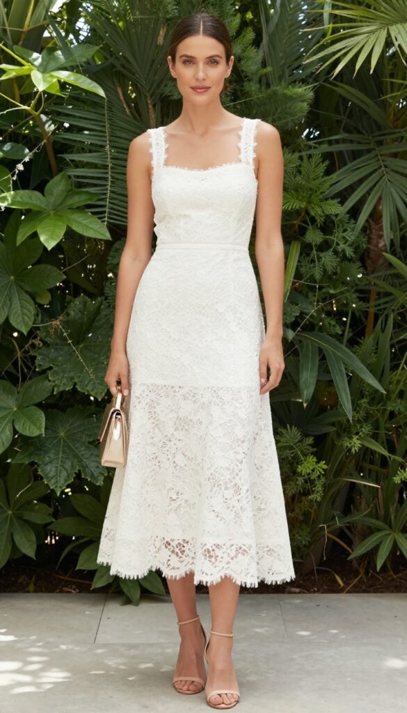 Woman in white illusion back lace dress with low bun posing in sunlit garden