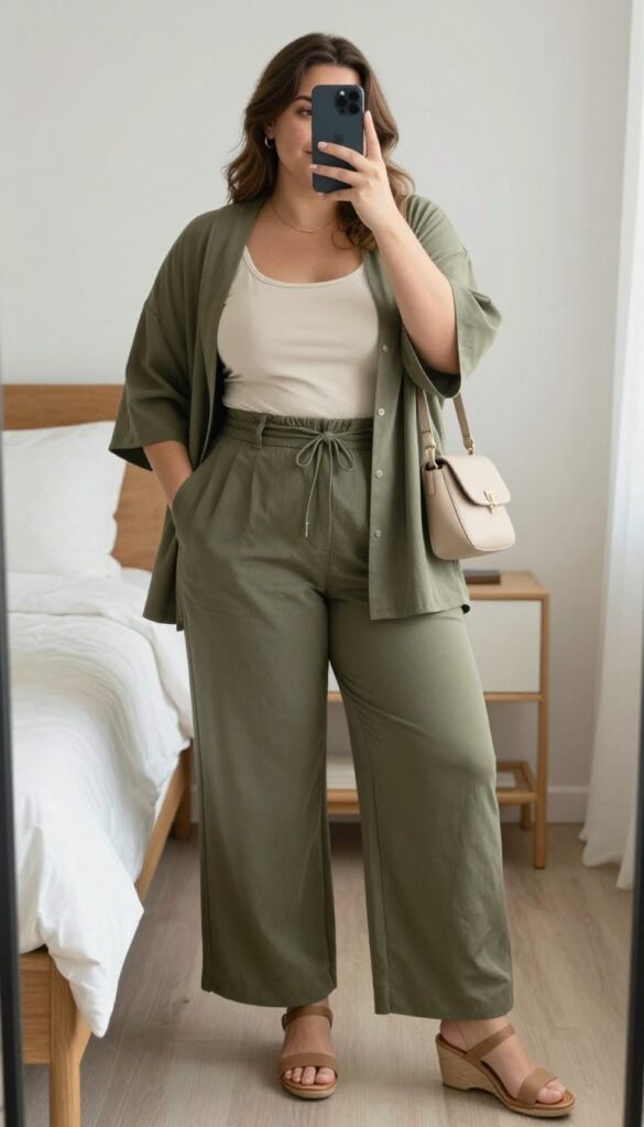 Woman in olive palazzo pants, cream tank, and sage kimono jacket, posing in mirror selfie.