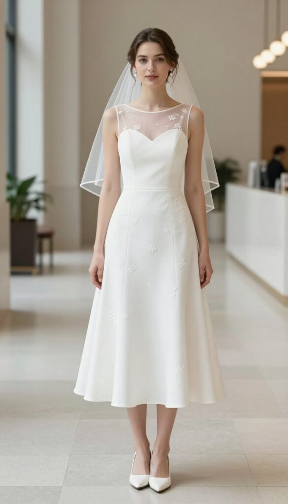 Woman in wedding dress with sheer illusion neckline and blusher veil in city hall lobby