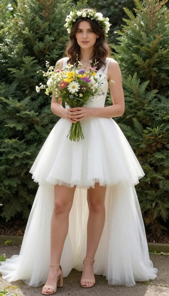 Young woman in short white poofy tulle wedding dress with flower crown and bouquet in garden