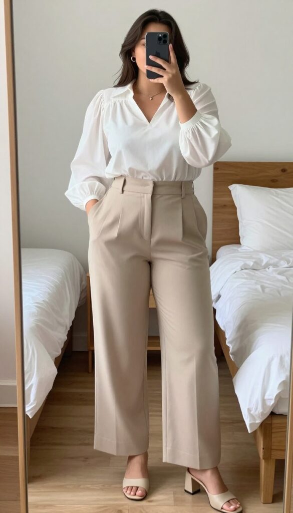 A woman in a puff sleeve blouse and wide leg trousers, posing in a mirror selfie, partially covering her face with her phone.