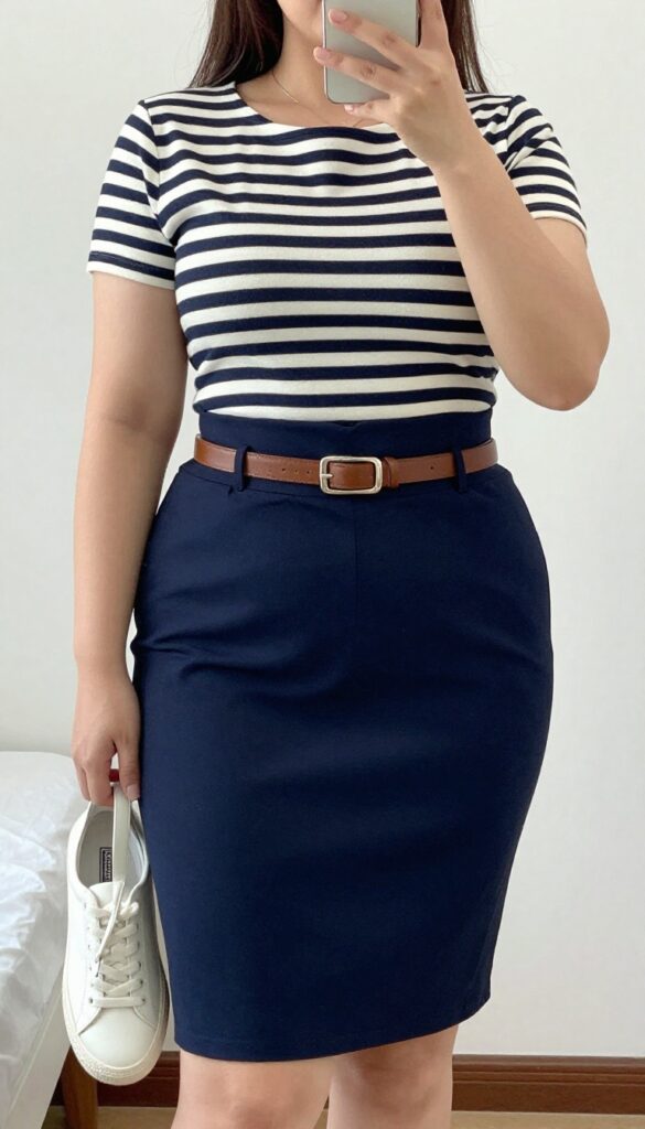 A woman in a navy pencil skirt and striped boatneck top with white sneakers, standing in a bright office setting.