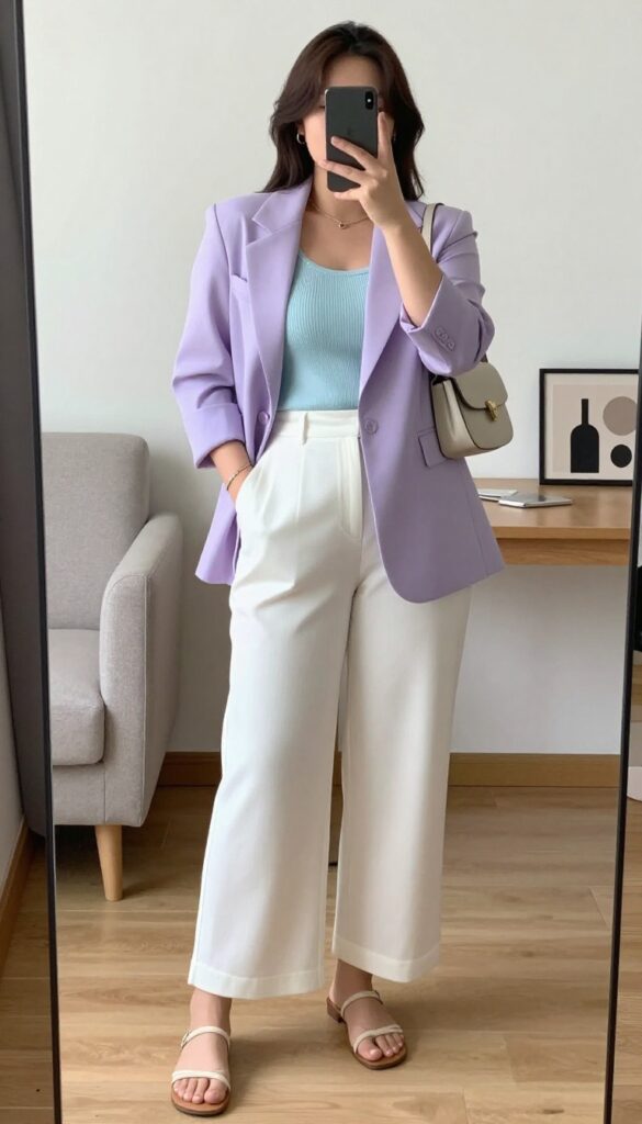 A woman in white culottes and a cropped pastel blazer, with a tucked-in tee and flat sandals, standing in a bright office or café.