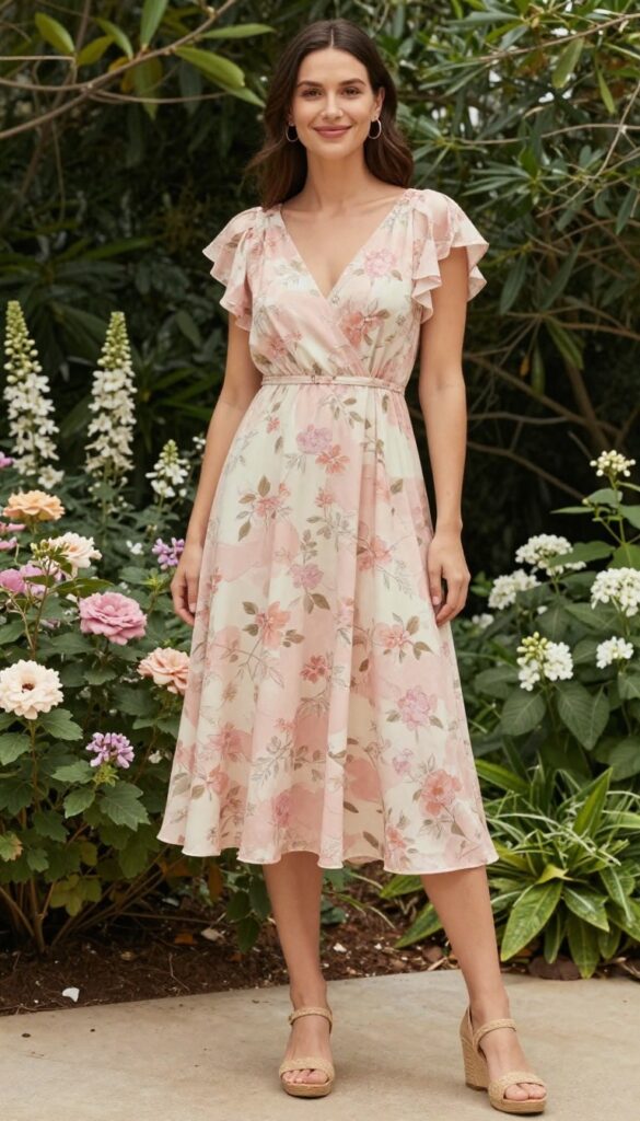 Woman in flowy floral midi dress and woven wedges in garden
