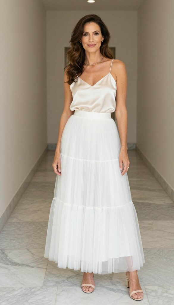 Adult woman in layered tulle maxi skirt and silk camisole standing in courthouse hallway.