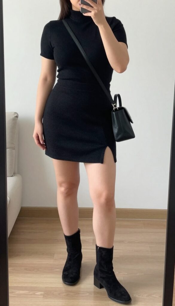 Woman in black turtleneck and midi skirt with ankle boots, crossbody bag, mirror selfie