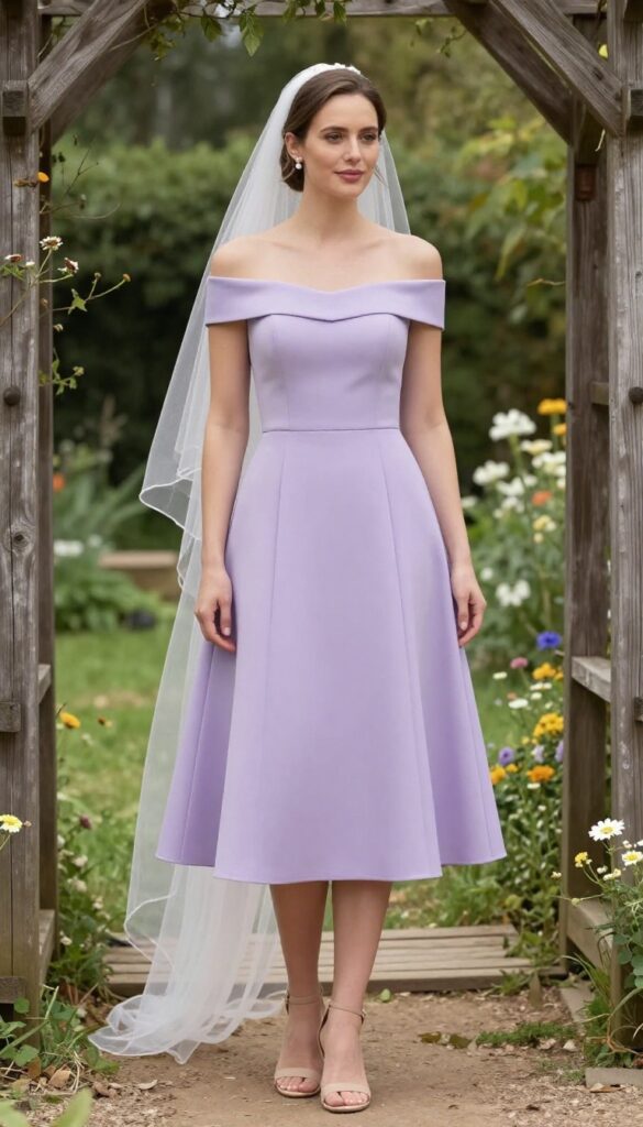 Young adult woman in lavender off-shoulder midi dress and fingertip veil, standing in sunny garden with wildflowers and rustic arch, natural half-up hair and pearl studs.