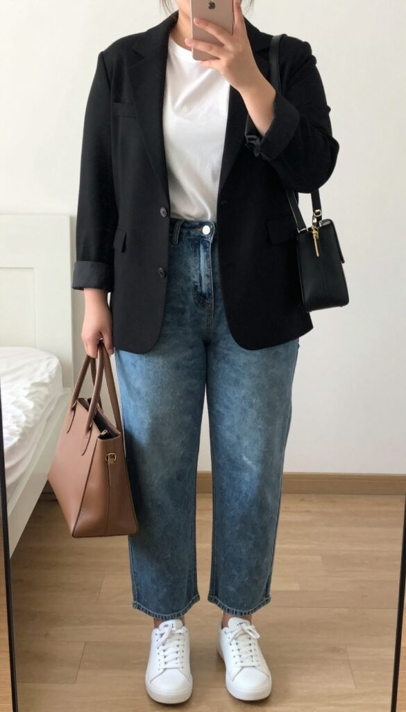 Woman in distressed jeans, blazer, and white tee, posing in a bright office