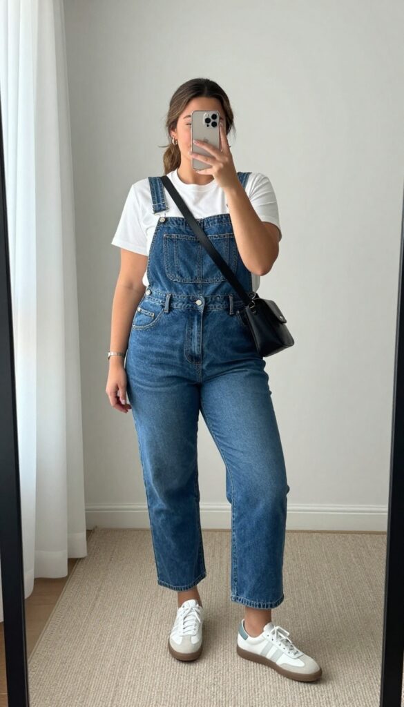 Plus-size woman in denim overalls and white tee taking a mirror selfie, showcasing a casual yet polished outfit.