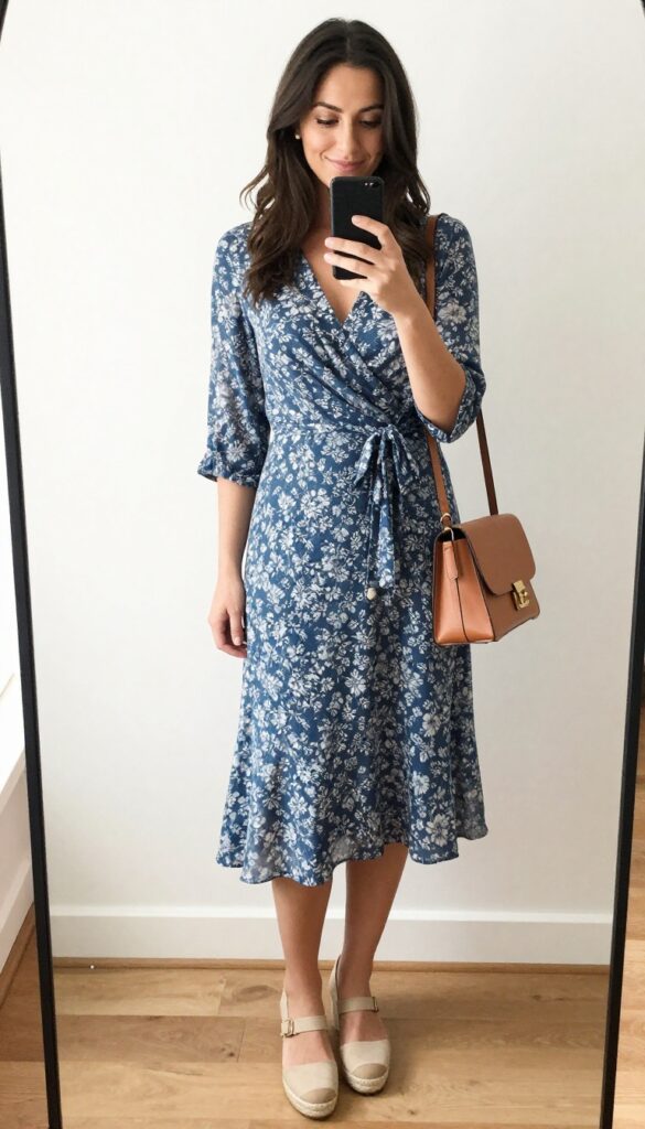 Woman in floral wrap dress and espadrilles taking a mirror selfie, showcasing a polished summer outfit.