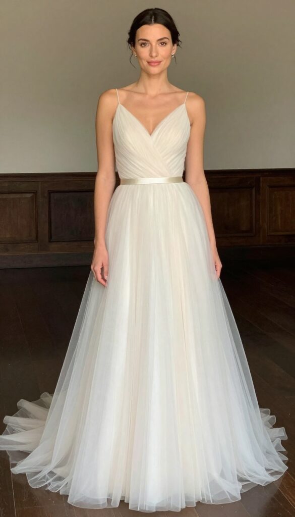 A woman in a tulle mermaid wedding dress with a satin belt, standing in a ballroom.
