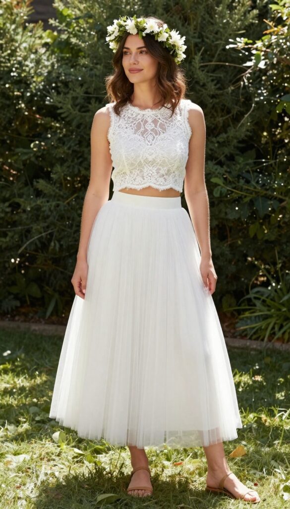 Woman in boho lace crop top and full tulle skirt in garden
