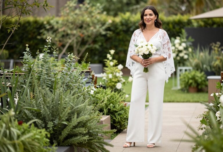 Woman in white jumpsuit with lace overlay and sheer cape in garden