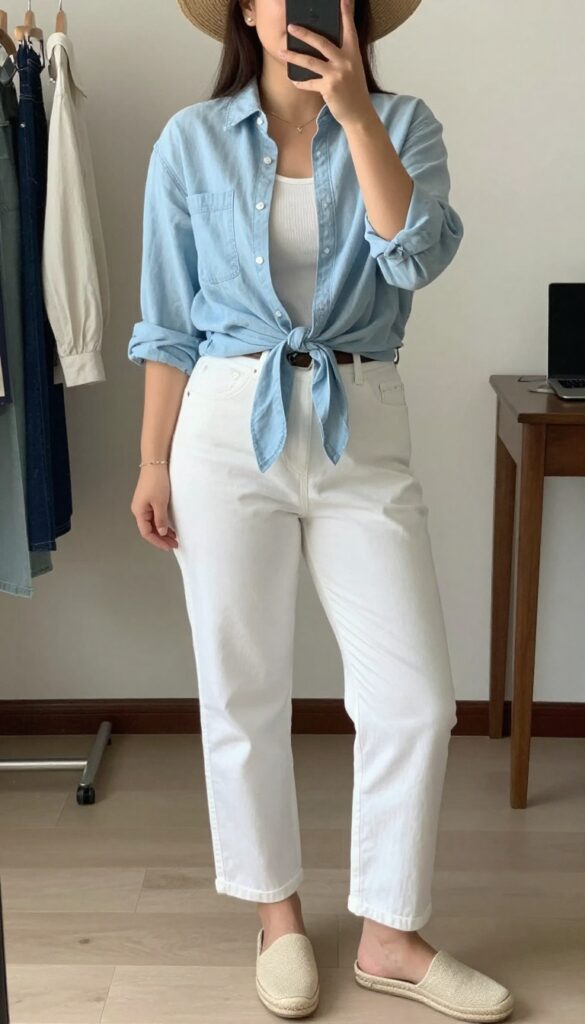 A woman in a light chambray shirt over a tank, white trousers, and espadrille flats, standing confidently in a bright office setting.