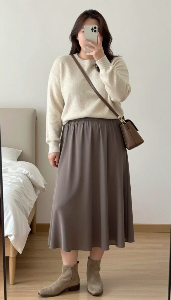 A woman in a cream cashmere sweater tucked into a flowy charcoal midi skirt, wearing suede ankle boots and a crossbody bag, standing in a bright office setting.