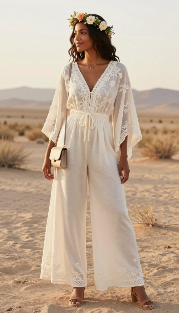 Dark-skinned Black woman in her 30s wearing an ivory embroidered boho jumpsuit with cape sleeves and a flower crown, standing in a sunlit desert landscape.