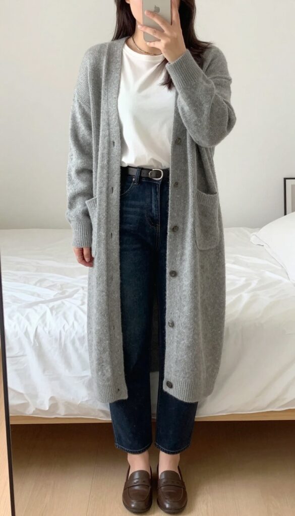 A woman in a long camel cardigan, white tee, and dark straight-leg jeans, posing in a mirror selfie, partially covering her face with her phone.