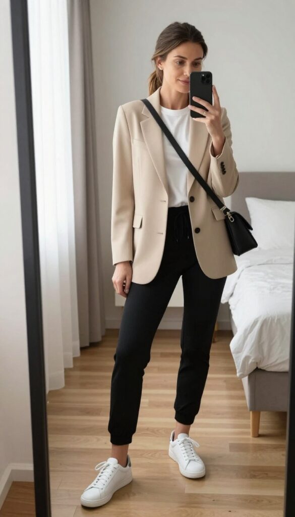 Woman in joggers, fitted tee, and lightweight blazer taking a mirror selfie, showcasing a comfortable yet polished mom outfit.