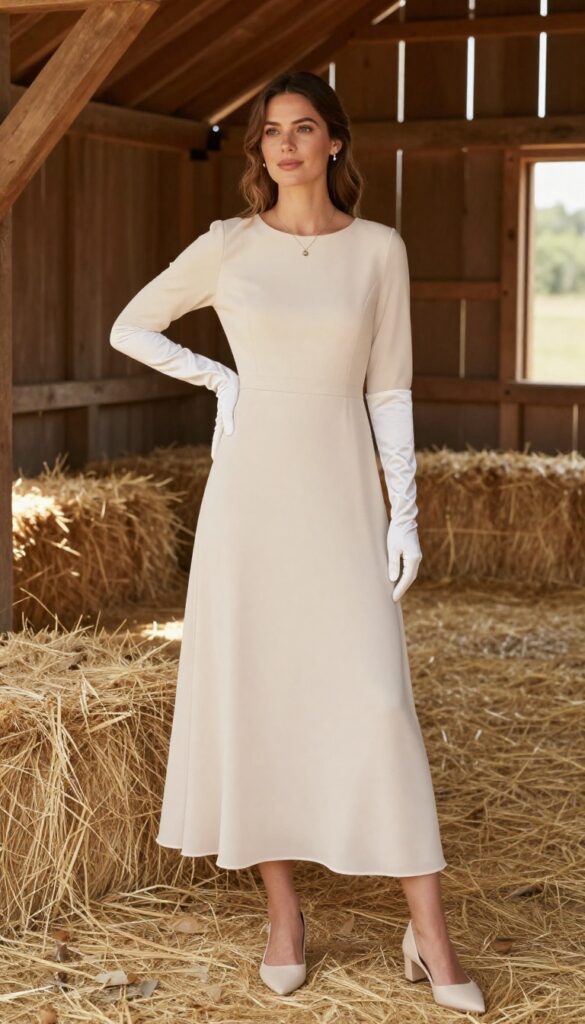 Woman in high-neck long-sleeve chiffon wedding dress with elbow-length satin gloves, standing in a sunlit barn with wooden beams and hay bales, natural pose.