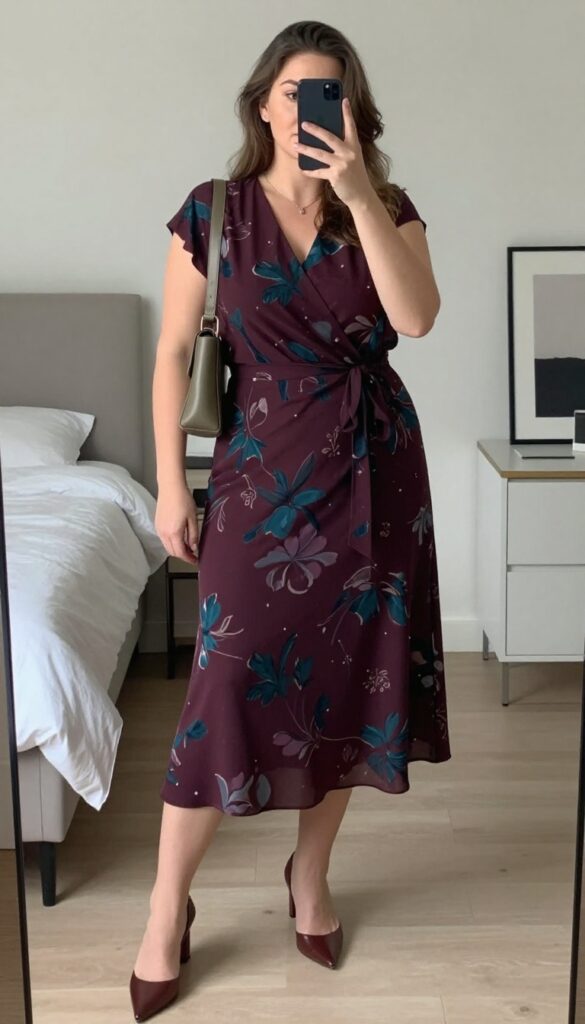 Plus-size woman in a midi wrap dress with a blazer, block heels, and crossbody bag, posing in a professional setting.