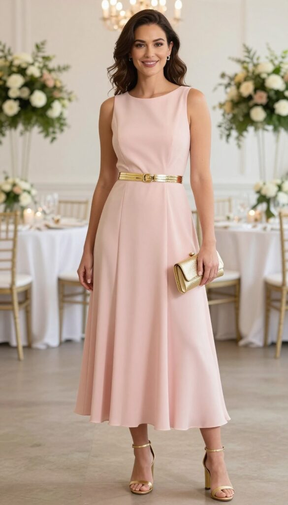 Blush wedding dress with gold metallic belt and strappy sandals